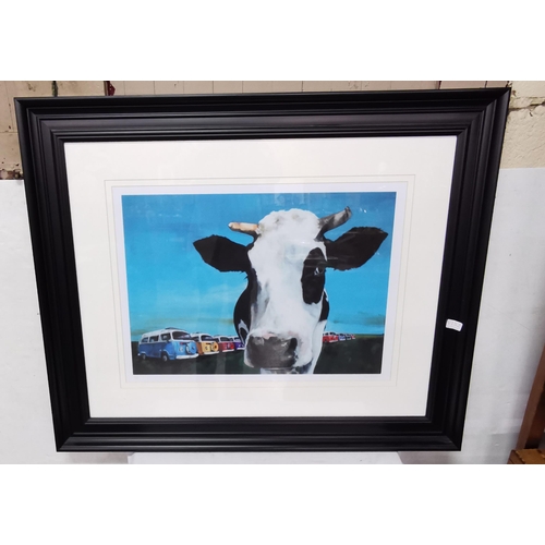 591 - Large modern Cow Print, in a cream mount and black frame, 90cmH x 107cmW