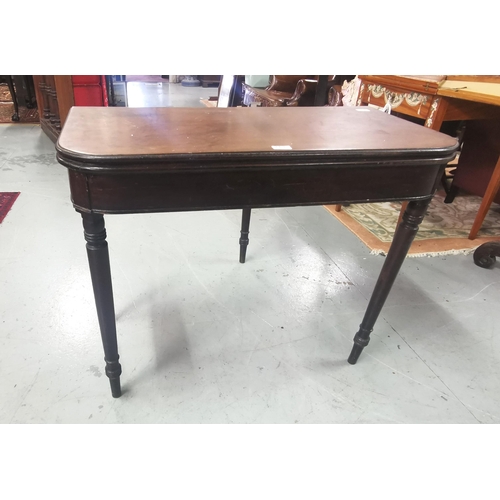 482 - Mahogany Tea Table, fold-over style, on turned front and back legs (the front panel is pine and is s... 