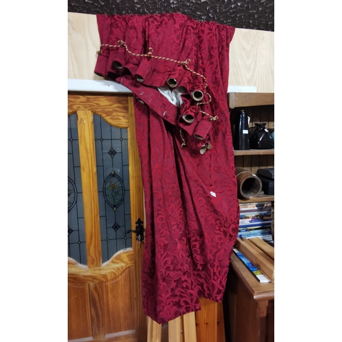 586 - Tall Dark Red Damask Curtain Panel, with pinch pleat top and tasselled edges, heavy lining, about 2m... 