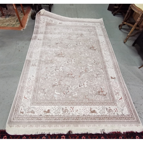 421 - Bamboo Floor Rug, Persian Battle Scene with Horses, light cream and beige ground, 1.6 x 2.4m (as new... 