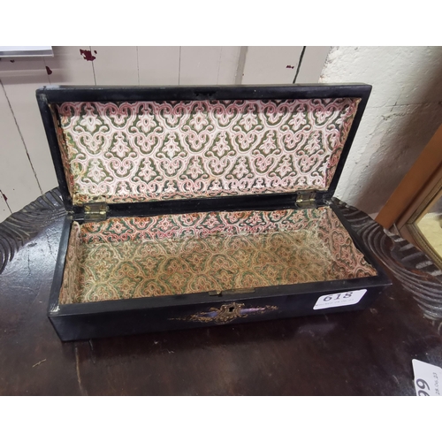 618 - Japanned Glove Box, domed top, with a mother of pearl inlay