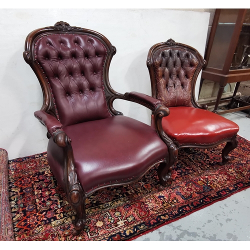 1 - Pair of Mahogany Framed 19thC Lady's and Gents Armchairs, 1 with old brown leather covered seat, on ... 
