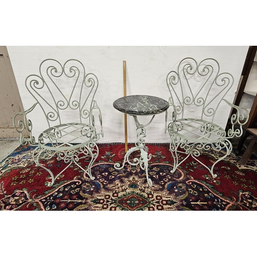 11 - Matching pair of metal Garden Armchairs (scrolled leaf carvings) & a similar round garden/bistro tab... 