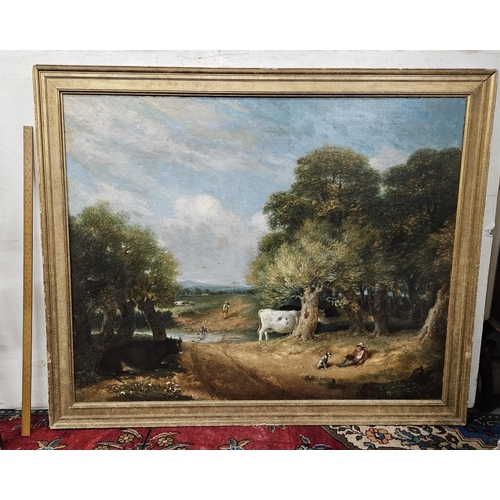 126 - PASTORAL LANDSCAPE, Large 19thC Oil on Canvas, cattle and figures by a river, in a ribbed gold frame... 