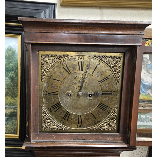 145 - Early Grandfather Clock with an engraved brass dial, in a flame mahogany case (with weights and pend... 