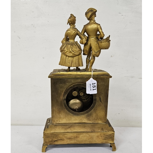 151 - Early 20thC Gilt Mantle Clock, with a brass romantic model over the white dial inscribed “Chemaset H... 