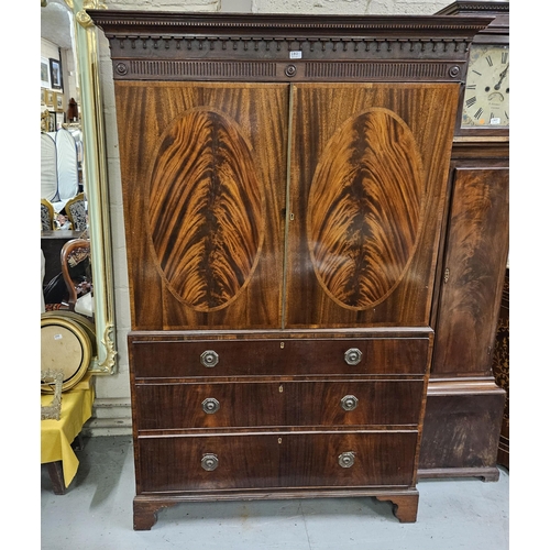 180 - Georgian Mahogany Linen Press, the decorative multiple cornice over two doors enclosing a hanging cl... 