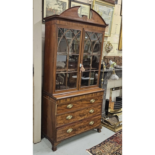 196 - 19thC Mahogany Bookcase, 2 gothic glazed doors over a chest of 3 drawers with oval brass drawer hand... 