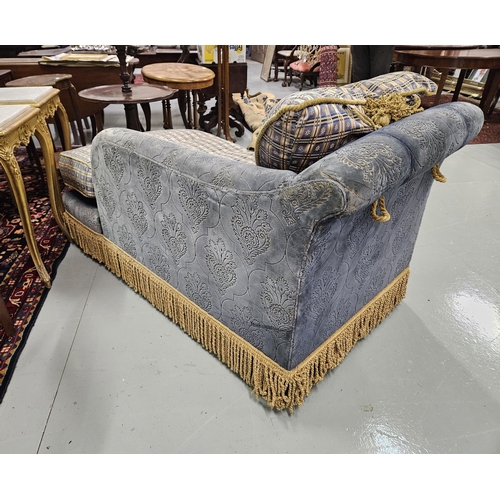 26 - Upholstered Day Bed - a navy and gold velvet fabric covered frame, with a long feather cushioned sea... 