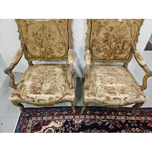 27 - Matching Pair of 19thC French Fauteuil Armchairs, in carved gilt frames, needlepoint covered chair s... 