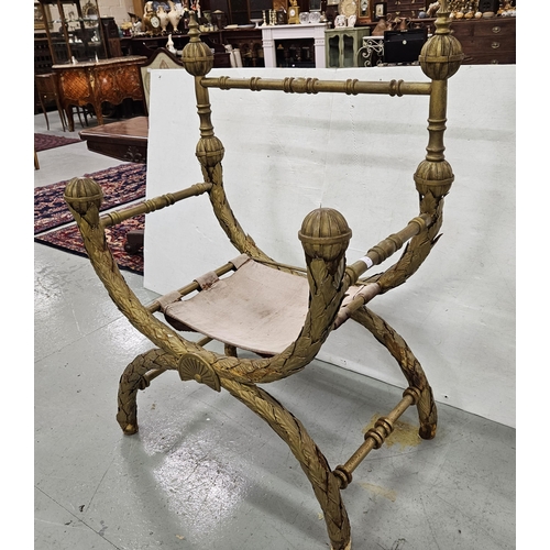 30 - Large Contemporary Throne Armchair, painted gold - an X-shaped frame with wooden orb style finials, ... 