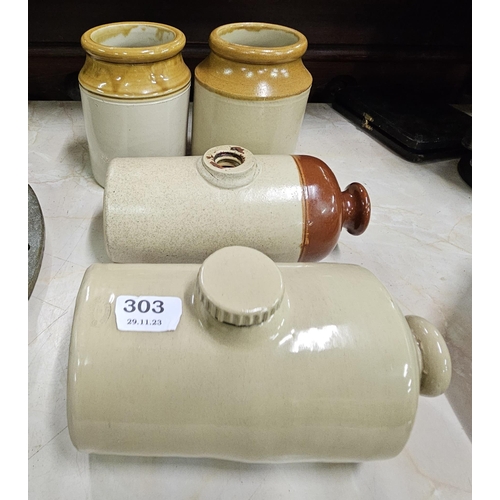 303 - 2 Stoneware Hot Water Bottles & 2 Stoneware jam jars (4)