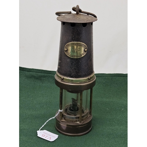 306 - Brass Miners Lamp 25cmH, stamped Patterson Lamps Ltd, Gateshead on Tyne, labelled G.P.O., in nice co... 