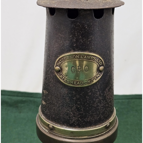 306 - Brass Miners Lamp 25cmH, stamped Patterson Lamps Ltd, Gateshead on Tyne, labelled G.P.O., in nice co... 