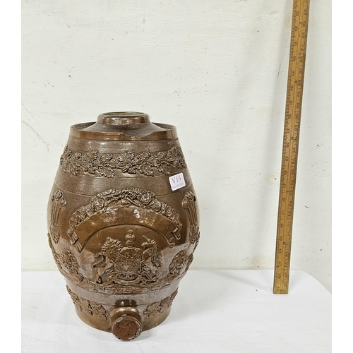 312 - Terracotta Glazed Whiskey Barrel with crested design (small crack on main body), 35cmH