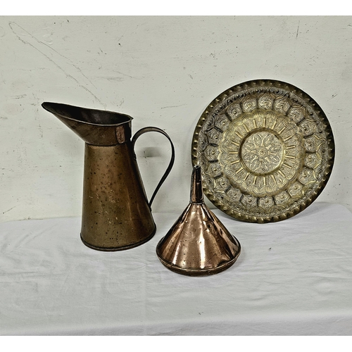 313 - Tall Antique Copper Jug, a Copper Funnel & an circular Indian Brass Plaque/Tray (3)