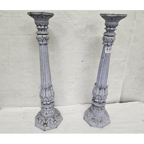 319 - Matching Pair of tall wooden Pricket style Candlesticks (needs a prong), painted blue, carved leaf p... 