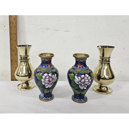 328 - Small pair of bulbous Brass Vases & Pair of small floral Cloisonné Vases (13cm & 14cm H)