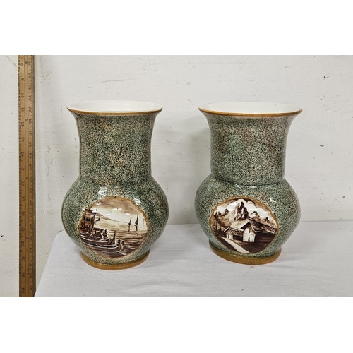 329 - Pair of mid-20thC pottery Vases, one decorated with a river scene and one with mountain cottages, ea... 