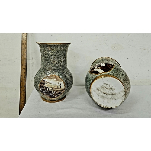 329 - Pair of mid-20thC pottery Vases, one decorated with a river scene and one with mountain cottages, ea... 