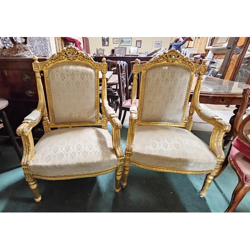 33 - Pair carved gilt framed large Armchairs, grey and gold colour fabric, reeded front legs  (1 back leg... 