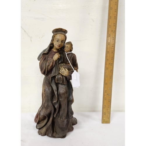 332 - Art Deco painted terracotta Religious Statue of Mother and Child, 33cmH