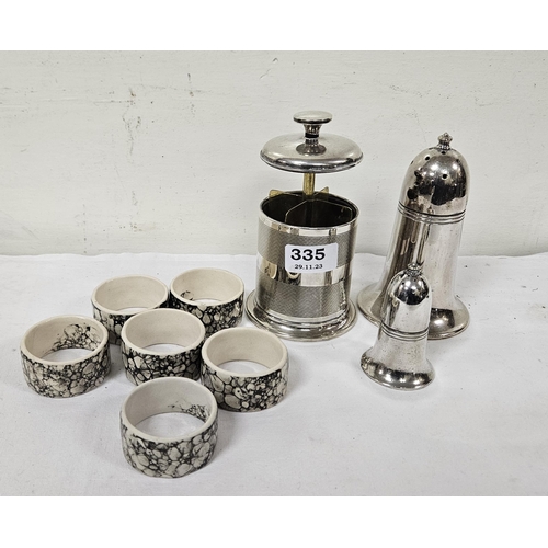 335 - Silver Plate – tobacco jar, 2 pepper pots & set of 6 porcelain napkin rings (9)