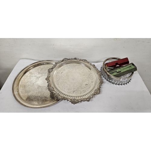 336 - Set of 6 Apostle Spoons, glass fruit bowl with plated rim & 2 circular trays etc