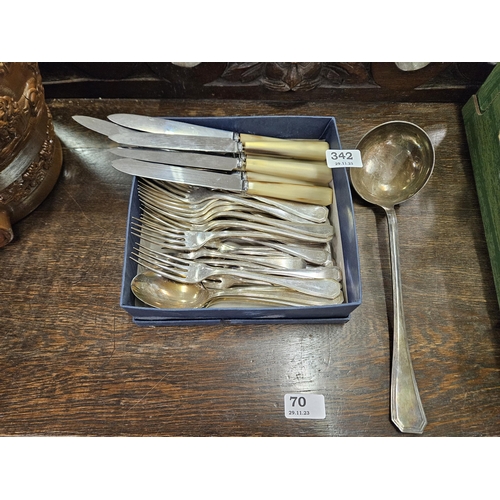 342 - Small group of vintage era silver plate etc cutlery incl. set of 10 large dinner forks, 9 bone-handl... 