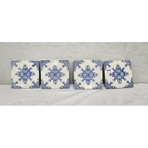 343 - Set of 6 Victorian square shaped clay tiles, painted blue and white