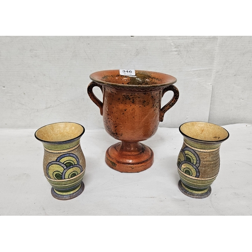 346 - Matching pair of Art Deco decorated Vases, stamped Burleigh Ware England, 14cmH & a clay urn-shaped ... 