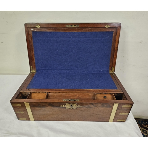 348 - Victorian letter writing box with a blue baize interior and pen compartments, brass banded with bras... 