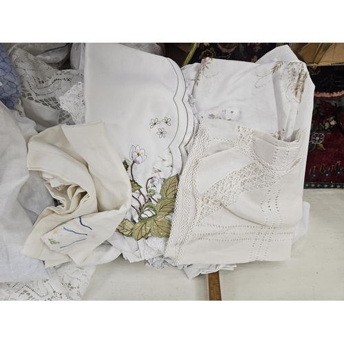 350 - 2 Boxes of Table Cloths, with floral patterns and lace borders etc