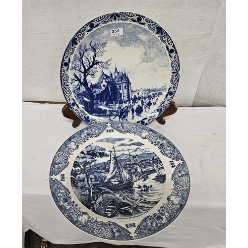 354 - 2 large Vintage Dutch delft style blue and white Plates 38cm dia – boating scene & skating in Winter... 