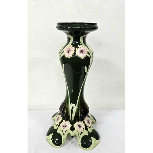 358 - Glazed Majolica Plant Stand, painted green with pink flowers, petal shaped feet, 52cmH