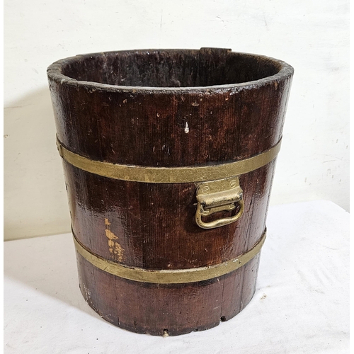 361 - Pitch pine Fuel Bucket, with brass banding and carrying handles, 39cmH x 36cm dia