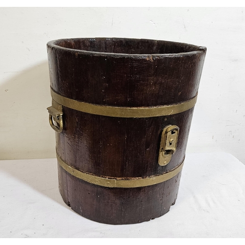 361 - Pitch pine Fuel Bucket, with brass banding and carrying handles, 39cmH x 36cm dia