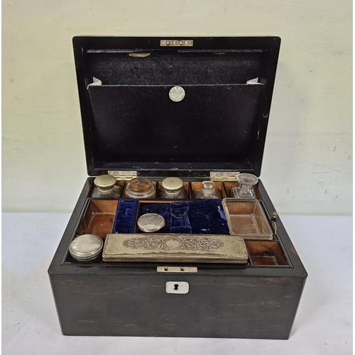 366 - Rosewood Cased Travelling Vanity Case, the interior filled with glass bottles, plated tops (worn), l... 