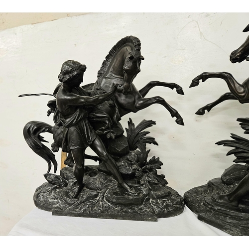 373 - Matching Pair of large spelter Marly Models, early 20thC, rearing horses with attendants, each 60cmH... 