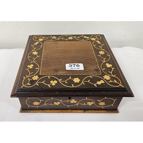 376 - Killarney Wood Box, square shaped, inlaid with Shamrock designs, inscribed “Killarney Lakes” at the ... 