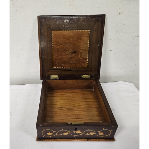 376 - Killarney Wood Box, square shaped, inlaid with Shamrock designs, inscribed “Killarney Lakes” at the ... 