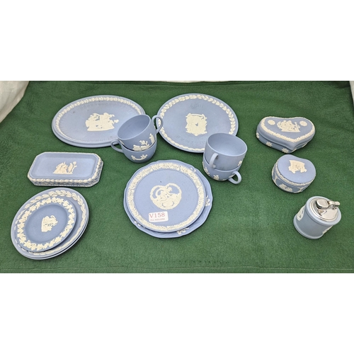 384 - Collection of Wedgewood Jasperware - tea cups, 2 Christmas plates, 2 trinket dishes, cigarette light... 