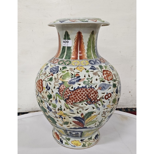 409 - Large bulbous-shaped Oriental Potpourri Vase (with vents), colourful floral decor, 50cm H x 35cm Dia