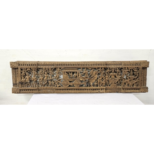 424 - Antique wide-sized Indian Hindu Overdoor Carving, featuring a Wedding Chariot, 30cmH x 1.25cmW