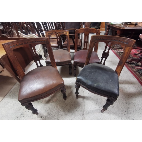 44 - Set of 3 Victorian Spoon Back Dining Chairs, brown leatherette seats & a similar single Vict. Chair ... 