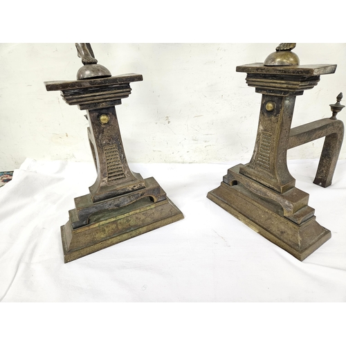 442 - Matching Pair of 19thC Andirons, each mounted with tall brass / steel sculptures  of the god Mercury... 