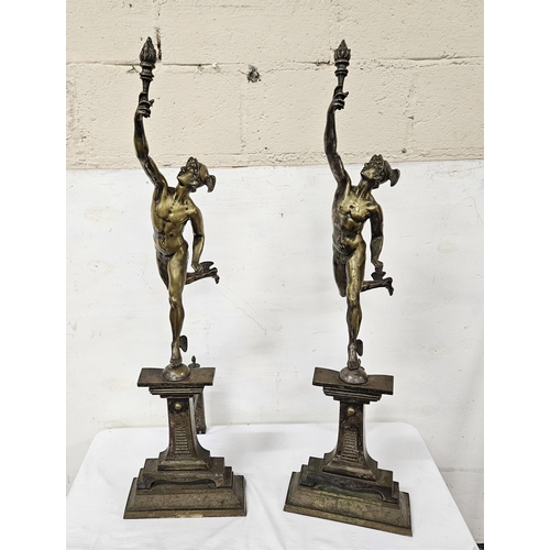 442 - Matching Pair of 19thC Andirons, each mounted with tall brass / steel sculptures  of the god Mercury... 