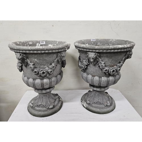 446 - Matching Pair of Composite Plant Pots on plinths, classic swag designs, 51cmH x 40cm dia,