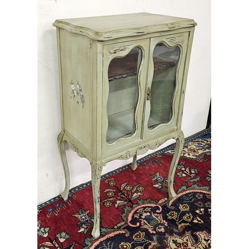 455 - Green painted 2-door Cabinet with glass doors, a single shelf and painted side panels (birds etc), o... 