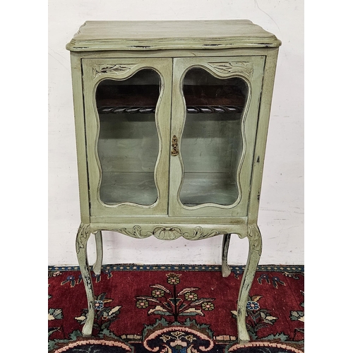 455 - Green painted 2-door Cabinet with glass doors, a single shelf and painted side panels (birds etc), o... 